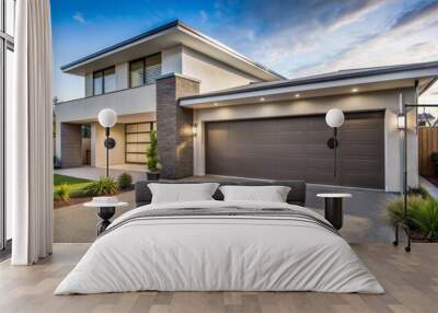 Spacious residential garage with wide automatic door and concrete driveway leading up to a modern suburban family home exterior. Wall mural