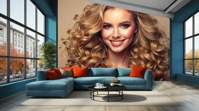 Vibrant beige background highlights stunning cosmetic beauty with luscious curly locks, radiant glowing complexion, and flawless facial features, epitomizing healthy skin and captivating smile. Wall mural