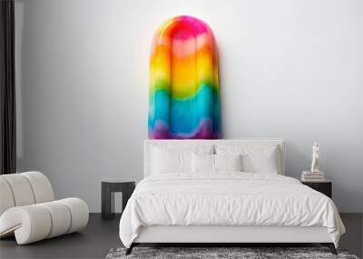 Vibrant colorful popsicle with swirly mix of pink, blue, yellow, and orange hues stands upright on a clean white background, casting a slight shadow. Wall mural