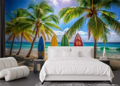 Vibrant colorful surfboards leaning against a palm tree on a sun-kissed sandy beach with crystal-clear turquoise ocean in background. Wall mural