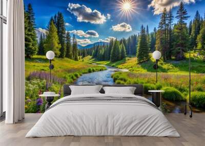 Vibrant green meadow surrounded by tall trees, winding stream, and colorful wildflowers under a bright blue sunny sky. Wall mural