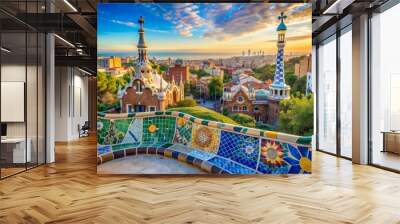 Vibrant mosaic benches and whimsical architecture of park guell in barcelona, spain, create a stunning backdrop for a dreamy summer vacation getaway. Wall mural