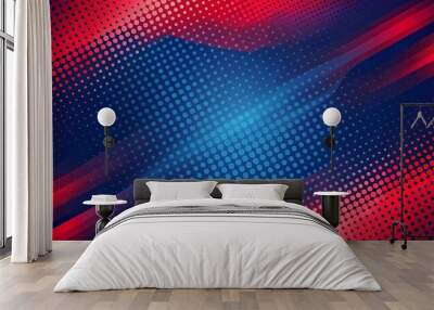 Vibrant red and dark blue abstract background featuring pop art dots halftone pattern vector border with faded particles geometric structure. Wall mural