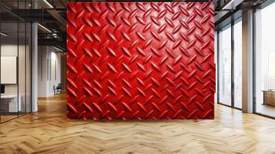 Vibrant red diamond plate metal texture with subtle sheen, fresh paint coat revealing slight brush strokes, and raised diamond patterns in high-contrast lighting. Wall mural