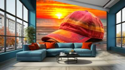 vibrant sunset athletic wear messy energetic youthful casual relaxed worn vintage distressed faded baseball caps Wall mural