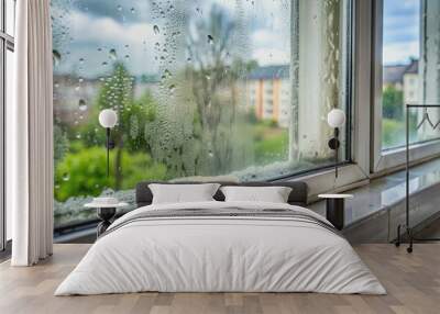 Water droplets and mold growth visible on a foggy plastic window, resulting from poor installation, with blurry background and condensed moisture accumulation. Wall mural