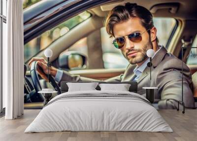 With sunglasses on, a confident man relaxes in a chic car boasting a vibrant, modern interior, embodying elegance Wall mural