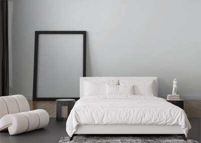 Minimalist black frame on wooden floor against white wall backgr Wall mural