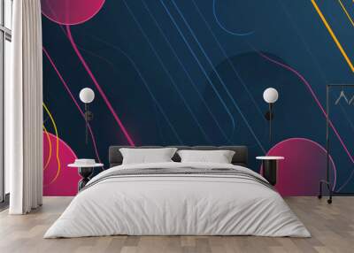 Pink and purple glowing neon circles and lines on a dark blue ba Wall mural