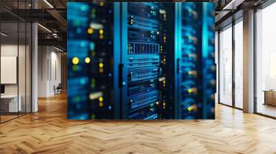 Rows of Servers in a Data Center with Blue Lights Wall mural