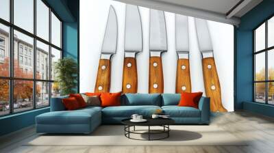 Set of five stainless steel steak knives with wooden handles Wall mural