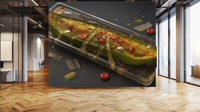 Stuffed Green Melon with Red Berries and Sauce on a Rectangular Plate Wall mural