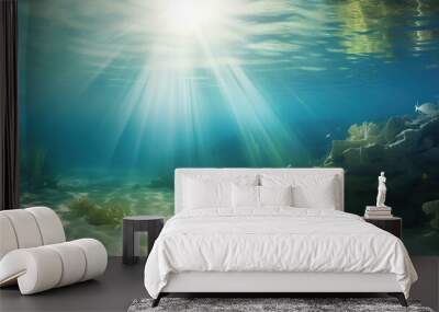 The ocean floor is bathed in sunlight that pierces through the clear blue water, creating a serene underwater landscape filled with coral and marine life. Wall mural