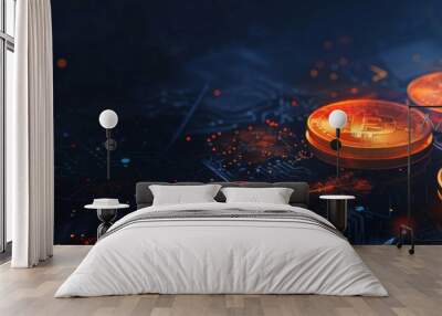 Three Glowing Circular Objects in a Dark Environment Wall mural