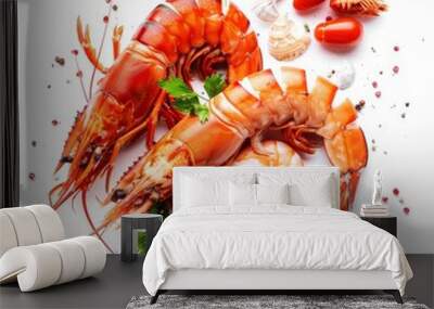 Two Cooked Prawns with Cherry Tomatoes, Parsley, and Peppercorns on a White Background Wall mural