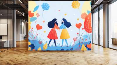 Two friends walking in a colorful spring meadow, surrounded by blooming flowers and a bright blue sky. Wall mural