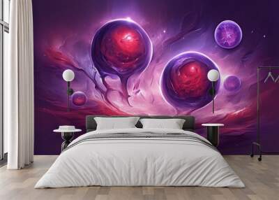 Two Glowing Red Spheres Floating in a Purple Nebula Wall mural