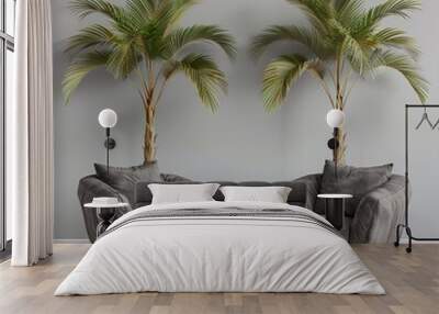 Two Gray Armchairs with Palm Trees in a Minimalist Interior Wall mural