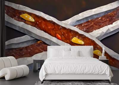 Two Long, Thin Pieces of Meat Stuffed with Red Sauce and Yellow Pieces Wall mural