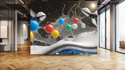 Two stylized birds flying through a wave of liquid with colorful spheres Wall mural