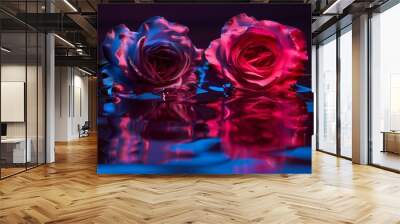 Two vibrant roses reflecting in water Wall mural