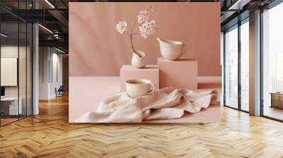 Two White Ceramic Pitchers, Dried Flowers, and a White Blanket on Pink Background Wall mural