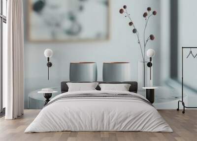 Two White Cups and a Vase with Dried Flowers on a Marble Tray Wall mural