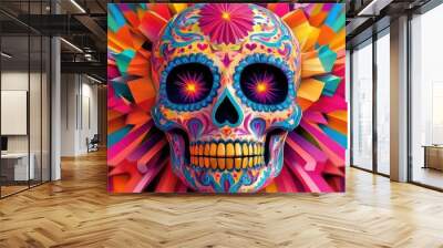 Vibrant and colorful sugar skull art with a burst of floral patterns, celebrating life and culture in a festive display. Wall mural