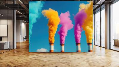 Vibrant smoke billowing from industrial chimneys against a clear blue sky, representing pollution and environmental impact. Wall mural