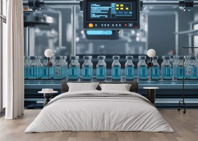 A row of transparent vials filled with blue liquid, arranged on a conveyor belt in a state-of-the-art laboratory, showcasing modern vaccine production technology. Wall mural