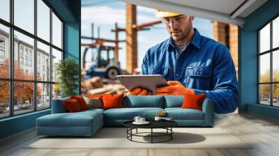 Construction worker using a tablet on the site Wall mural