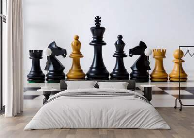 Different chess pieces on a chessboard, uniqueness, think different, diversity among team players Wall mural