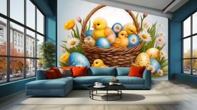 Easter basket with easter eggs and chickens, generative AI Wall mural