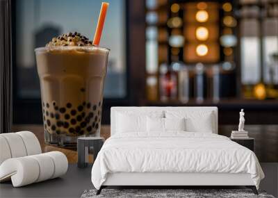 Glass of bubble milk tea served on a wooden table, copy space for text Wall mural