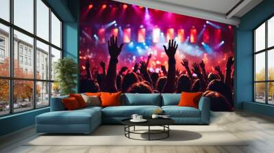 Silhouette of a crowd dancing and cheering at a music festival, party night scene with vibrant colors with red lighting Wall mural