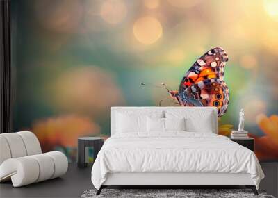 Butterfly closeup on orange flower in nature, outside in spring summer on a bright sunny day, daisy field, spring and summer is coming Wall mural