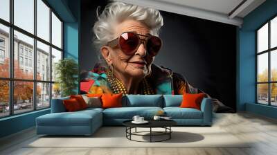 Crazy old granny with gold chain, watch and sunglasses, funny old woman with gray hair, expressive mature and happy smiling grandmother in colorful close-up portrait | Generative AI Wall mural