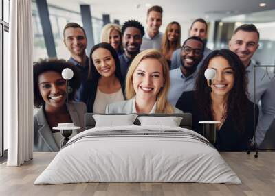 Diverse group of employees project team standing together in modern business building - group selfi portrait of cheerful and joyful young and senior employees colleagues Wall mural