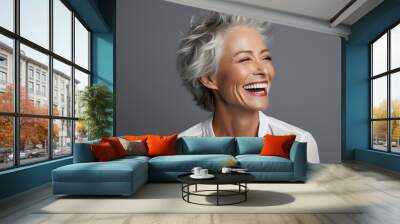 Elderly woman with gray hair is laughing and smiling, mature old lady with healthy face ans skin and white teeth | Generative AI Wall mural