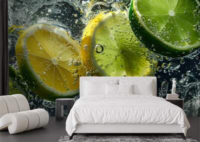 Lemon fruit slice, mint leaves and citrus fruits flying, in water with water splashes. Fresh summer feelings, refreshing in summer Wall mural