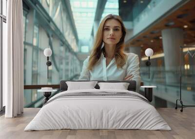 Successful young businesswoman with arms crossed standing in a modern business building - pretty smiling confident woman with long hair Wall mural