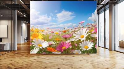 Sunlit daisy field on a summer meadow in nature, flowers and beautiful spring panorama landscape in nice weather and sunshine Wall mural