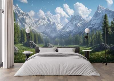 3D illustration depicting a fantastical landscape featuring mountains and pine trees Wall mural