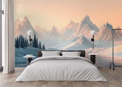 3D illustration depicting a fantastical landscape featuring mountains and pine trees Wall mural