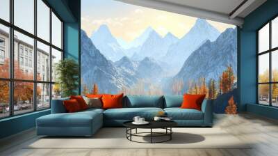 3D illustration depicting a fantastical landscape featuring mountains and pine trees Wall mural