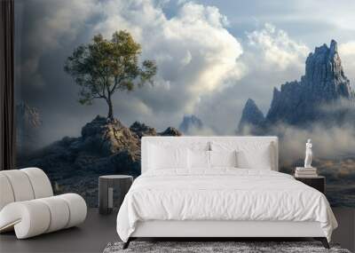 3D illustration depicting a unique landscape featuring rock formations with an isolated tree amidst a dramatic cloudy environment Wall mural