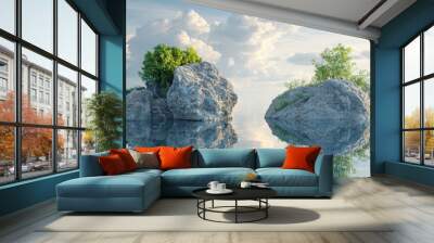 3D illustration of a serene landscape featuring two large rocks adorned with greenery reflected in tranquil waters under a picturesque sky Wall mural