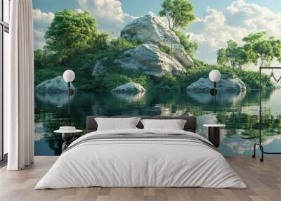 3D landscape illustration featuring a prominent rock formation surrounded by lush vegetation reflecting on tranquil waters Wall mural