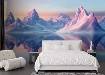 3D landscape illustration featuring towering peaks and mountains reflected in serene waters embodying a surrealist concept Wall mural