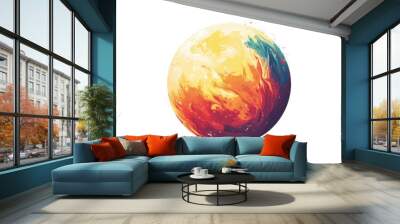 Abstract colorful planet isolated on white background featuring red and yellow hues Surreal cartoon inspired space object suitable for sticker or T shirt design 2d illustration Wall mural